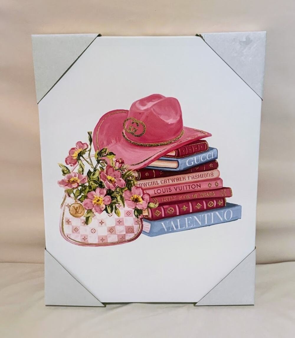 Pink Cowgirl Hat on Books Fashion Wall Art